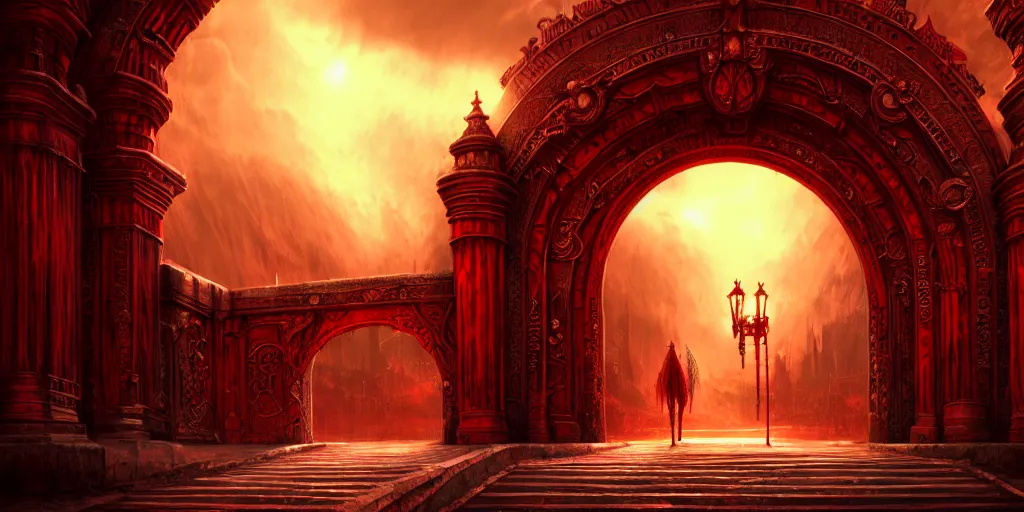 Prompt: huge gate, environment, illustration, red, colors, epic scene, symmetrical, golden raito, high quality, intricate details, details, intricate, atmosphere, highly detailed, matte painting, cinematic, deviantart, realistic, concept art, 4 k