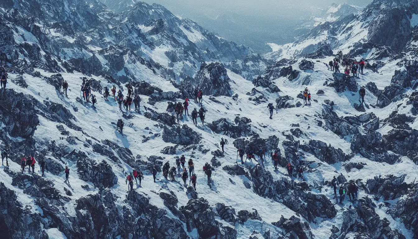 Image similar to a bunch of hikers going up a mountain, view from above, kilian eng, silhouettes