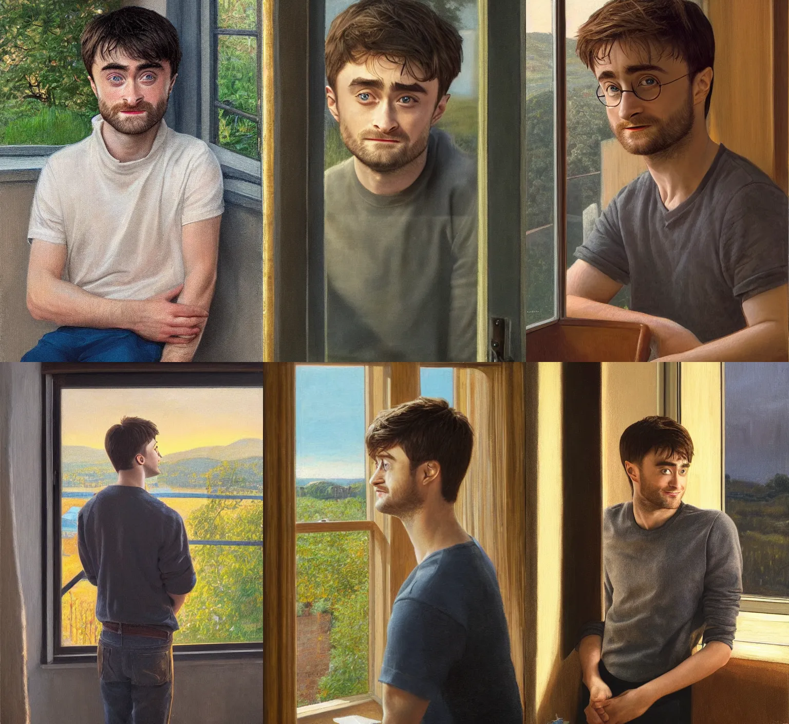 Prompt: Daniel Radcliffe looking out the kitchen window, detailed face, golden hour, by Kenne Gregoire