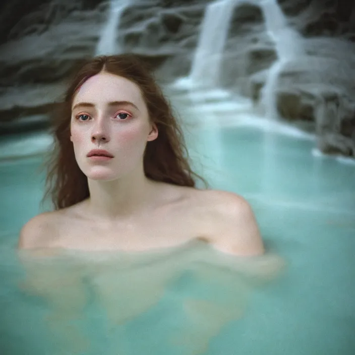 Image similar to Kodak Portra 400, 8K,ARTSTATION, CarolineGariba, soft light, volumetric lighting, highly detailed, britt marling style 3/4 ,portrait photo Close-up portrait photography of a beautiful woman how pre-Raphaelites, the face emerges from Pamukkale, thermal waters flowing down white travertine terraces, inspired by Ophelia paint ,and hair are intricate with highly detailed realistic beautiful flowers , Realistic, Refined, Highly Detailed, interstellar outdoor soft pastel lighting colors scheme, outdoor fine art photography, Hyper realistic, photo realistic