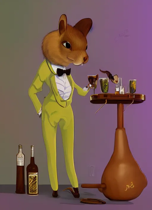 Image similar to squirrel anthro as a dapper bartender with a big, fluffy tail, retro futurism, art deco, detailed, painterly digital art by WLOP and Cory Loftis and Paul Gustav Fischer, 🐿🍸🍋, furaffinity, trending on artstation