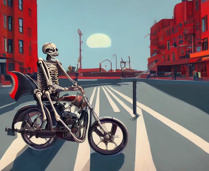 Image similar to a very detailed painting of a skeleton wearing a suit, riding a motorbike down a street, harley davidson motorbike, worm's - eye view, very fine brush strokes, very aesthetic, very futuristic, in the style of edward hopper and grant wood and syd mead, 4 k,