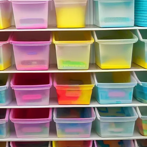 Prompt: a lot of empty plastic containers in a dollar store, pastel colors