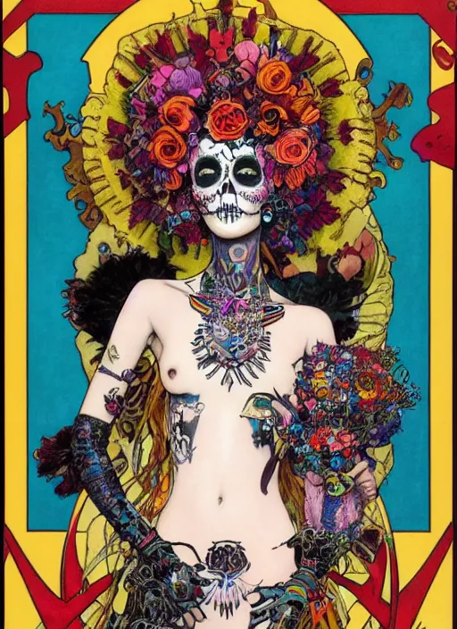 Image similar to cute punk goth fashion fractal Día de los Muertos tattooed girl posing in goth outfit by by Mario Testino, psychedelic poster art of by Victor Moscoso Rick Griffin Alphonse Mucha Gustav Klimt Ayami Kojima Amano Charlie Bowater, masterpiece