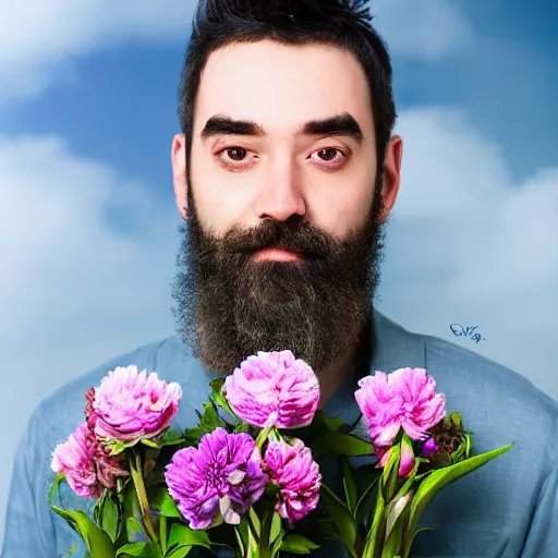 Image similar to a portrait of a man with flowers in the beard, roses peonies forget-me-nots dahlias lupins gladioli, sky theme in background, 35mm Photograph, 4K Resolution, Astrophotography, Digital Art, Trending on artstation