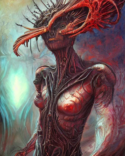 Image similar to daemon, by antonio j. manzanedo, giger, alex grey, android jones, wayne barlowe, philippe druillet, raymond swanland, cyril rolando, josephine wall, harumi hironaka, trending on artstation