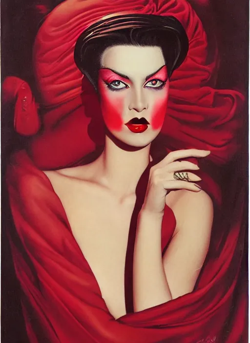 Image similar to an 8 0 s portrait of a woman with dark eye - shadow and red lips with dark slicked back hair dreaming acid - fueled hallucinations by serge lutens, rolf armstrong, delphin enjolras, peter elson, red cloth background