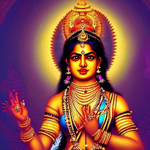 Image similar to Priyanka Chopra as the beautiful Hindu goddess Radha, realistic portrait, 8k resolution, hyper detailed, studio lighting, cinematic