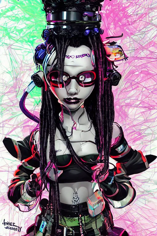 Prompt: cybergoth with dreads and eccentric clothing by jamie hewlett and artgerm, cel shading, toon shading, detailed,