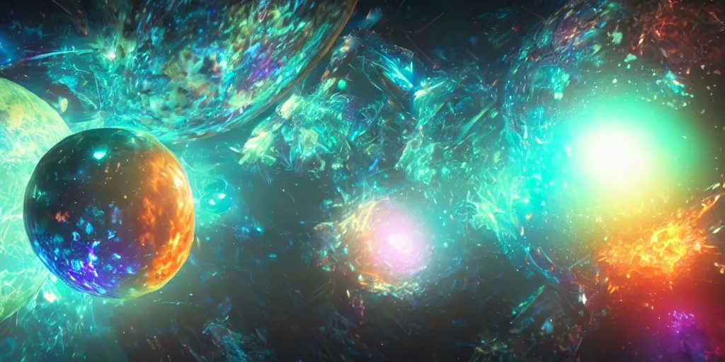 Image similar to multiverse ball, psychedelic ball, universe nebula ball. 3 d render, houdini 3 d, octane 3 d, zbrush, maya, cinema 4 d, blender, natural cinematic volumetric lighting, realistic beautifully detailed post - processing render, epic composition, magical atmosphere, masterpiece, trending on artstation