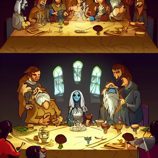 Prompt: The Last Supper, cartoon, rpg character, humblewood art style, concept art, fantasy