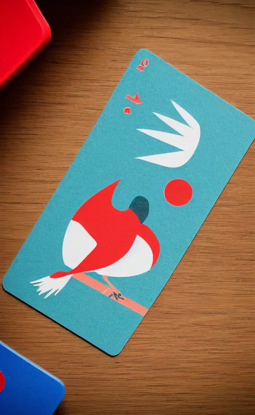 Prompt: poker card style, simple, modern look, solid colors, colorful, japanese crane bird in center, pines symbol in the corners, vivid contrasts, for junior, smart design