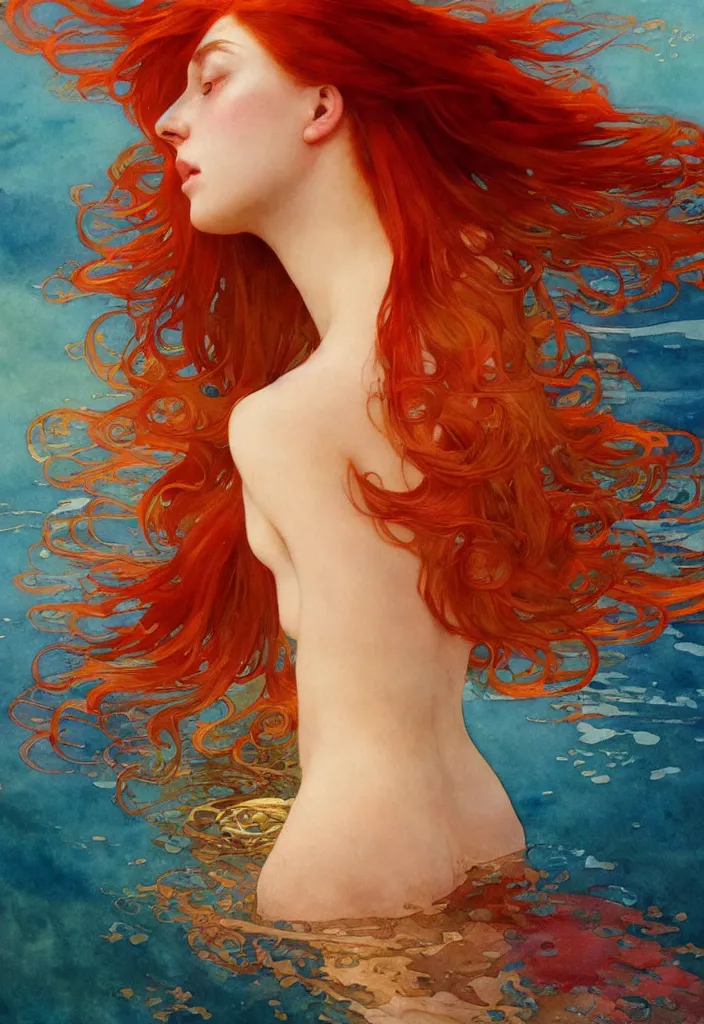 Image similar to beautiful watercolor painting of a young red hair woman swimming, surrounded by golden fish, intricate, elegant, highly detailed, digital painting, artstation, concept art, smooth, sharp focus, art by krenz cushart and artem demura and alphonse mucha, dynamic lighting, full body shot, ultrarealistic, cinematic, octane render, 8 k