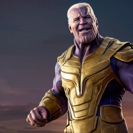 Image similar to Joe Biden cast as Thanos, still from marvel movie, hyperrealistic, 8k, Octane Render,