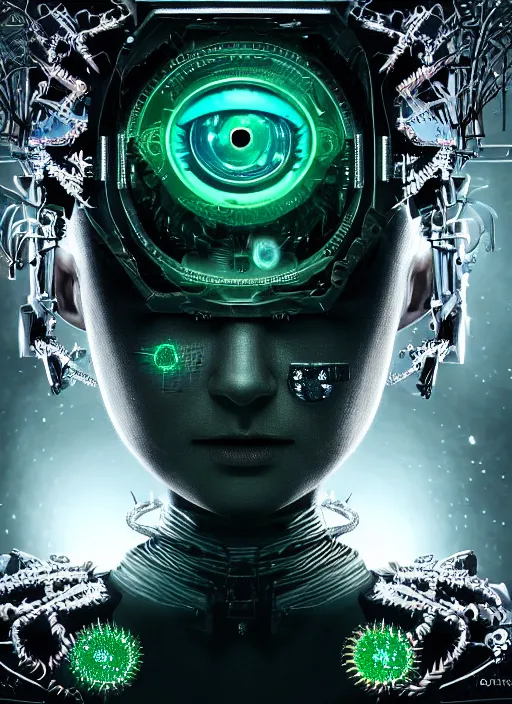 Image similar to 35mm portrait of intricate 7 of 9 borg with eye implant, on the background of a weird magical mechanical forest. Round gears visible inside her hear. Very detailed 8k. Fantasy cyberpunk horror. Sharp. Cinematic post-processing