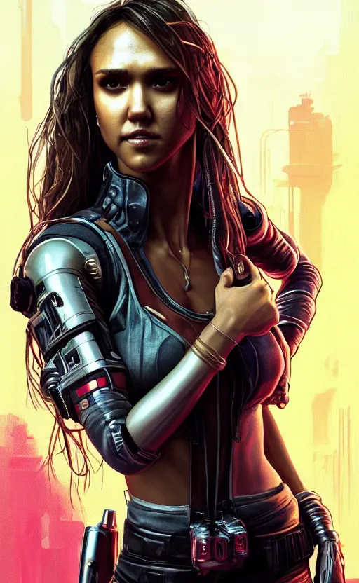 Image similar to portrait of jessica alba as a character in arabian Cyberpunk 2077, looking at camera, intricate, dystopian, sci-fi, extremely detailed, digital painting, artstation, concept art, smooth, sharp focus, illustration, intimidating lighting, incredible art by artgerm and greg rutkowski and alphonse mucha and simon stalenhag