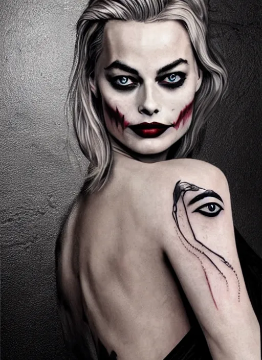 Prompt: tattoo design of beautiful margot robbie portrait with joker makeup, holding an ace card, in the style of den yakovlev, realistic face, black and white, realism tattoo, hyper realistic, highly detailed