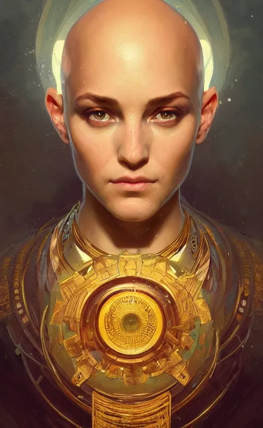 Image similar to a portrait of a young bald oracle, tired, staring at us, symmetry, symbolic elaborate painting, golden crown of light, art by aleksander brodzinski, greg rutkowski and alphonse mucha, trending on artstation