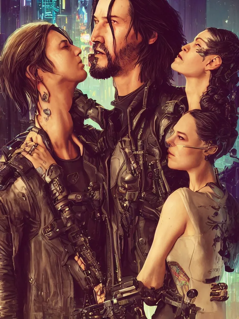 Image similar to a cyberpunk 2077 srcreenshot wedding couple portrait of Keanu Reeves and female android final kiss,love,film lighting,by Laurie Greasley,Lawrence Alma-Tadema,Dan Mumford,John Wick,Speed,Replicas,artstation,deviantart,FAN ART,full of color,Digital painting,face enhance,highly detailed,8K,octane,golden ratio,cinematic lighting