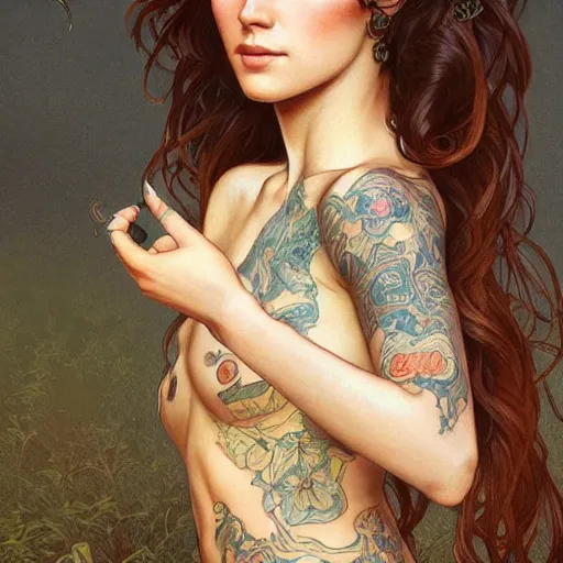 Image similar to ultra realistic illustration, a hot brunette tattooed slavic woman in her late 2 0's, intricate, elegant, highly detailed, digital painting, artstation, concept art, smooth, sharp focus, illustration, art by artgerm and greg rutkowski and alphonse mucha