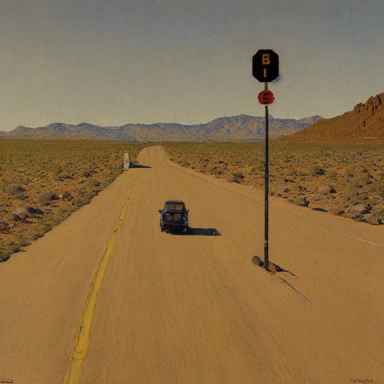 Image similar to a painting of the loneliest highway in nevada by norman rockwell, golden hour, detailed, art gallery quality