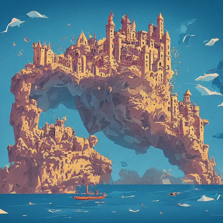 Prompt: in the style of petros afshar, art of a medieval castle and bustling town floating on top of a giant rock next to a beach and a clear blue sea mountain range