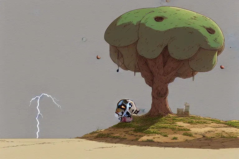 Prompt: a study of a cell shaded cartoon of lightning hitting a tree from howl's moving castle ( 2 0 0 4 ), on a desert road, full body, wide shot, very muted colors, post grunge, studio ghibli, laurie greasley, highly detailed, deviantart, art by artgem