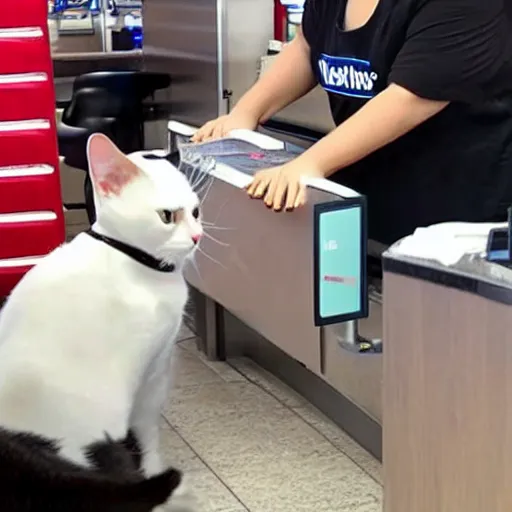 Prompt: a humanoid cat working on mcdonalds helping people at the register