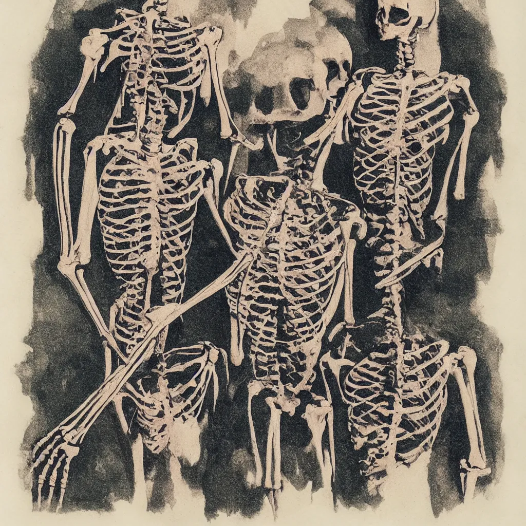 Prompt: vintage risograph of realistic skeleton