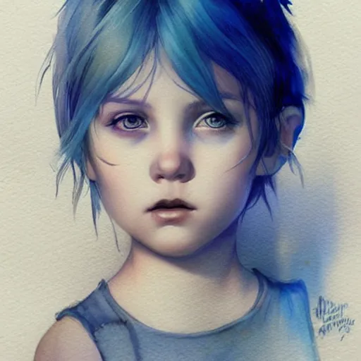 Prompt: child, young, blue hair, short hair, serious, intricate, ethereal, highly detailed, sharp focus, artstation, watercolor, by charlie bowater and ross tran