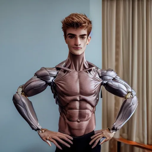 Prompt: a realistic detailed photo of a guy who is an attractive humanoid who is half robot and half humanoid, who is a male android, twitch streamer ninja tyler blevins, shiny skin, posing like a statue, blank stare, in a living room, on display, showing off his muscles