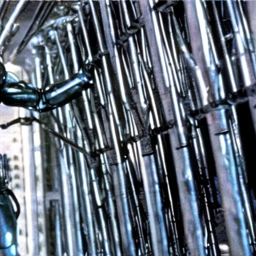 Prompt: film still of t - 1 0 0 0 passing through iron bars in terminator 2