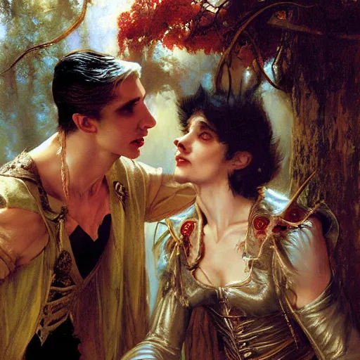 Image similar to attractive male fairy of the forest confesses his love to attractive male dracula the vampire. highly detailed painting by gaston bussiere, craig mullins, j. c. leyendecker 8 k