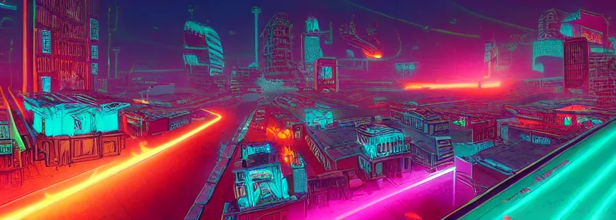 Image similar to ancient aztec city in cyberpunk style with neon billboards and flying cars, light shapes, high details