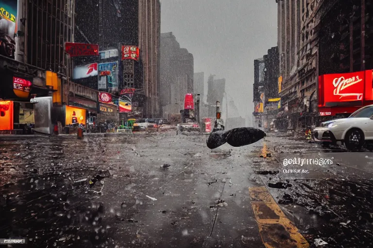 Prompt: commercial photography cinematic wide shot of fastfood falling down on the streets of new york, it's raining food