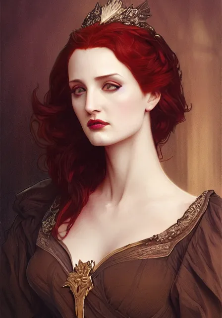 Image similar to sansa angeline jolie gessica chastain victorian vampire, intricate, elegant, highly detailed, digital painting, artstation, concept art, smooth, sharp focus, illustration, art by artgerm and greg rutkowski and alphonse mucha and william - adolphe bouguereau