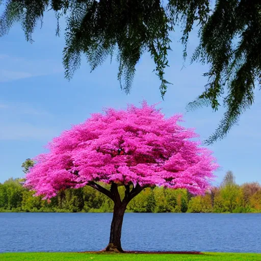 Image similar to Pink tree beside a large lake, landscape in the style of the lego movie