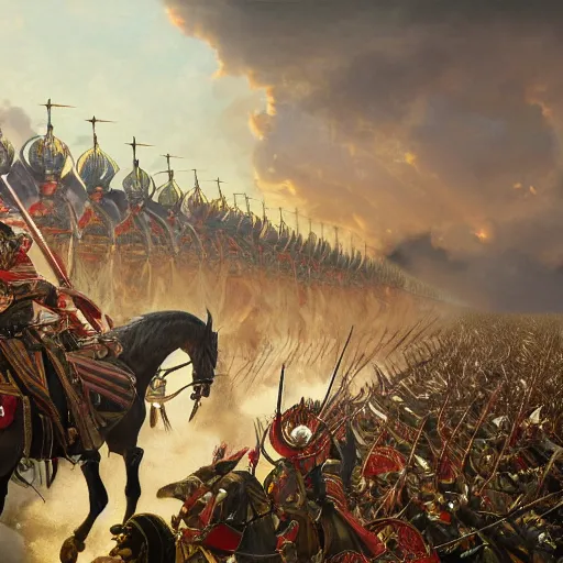 Prompt: an extremely detailed matte painting the polish winged hussars charging ottoman artillery, heroic charge, epic fantasy, viewed in profile from very far away, sharp focus, detailed face, art by greg rutkowski and alphonse mucha in an anime style, volumetric lighting, 4 k resolution, artstation