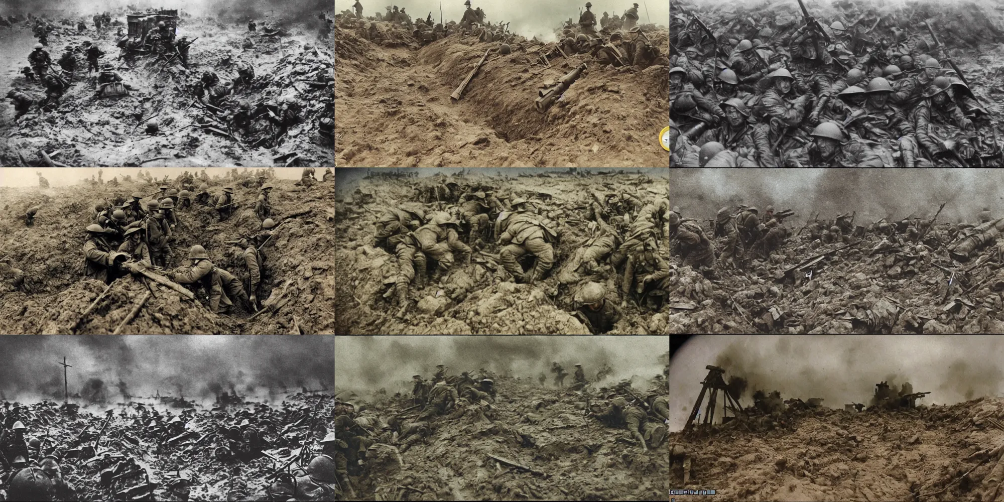 Prompt: gopro footage in color of ww 1 trench warfare, deep contrast, artillery blast, rain and mud, water on lens