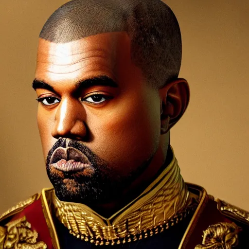 Image similar to Portrait of Kanye West as emperor napoleon, amazing splashscreen artwork, splash art, head slightly tilted, natural light, elegant, intricate, fantasy, atmospheric lighting, cinematic, photo realistic