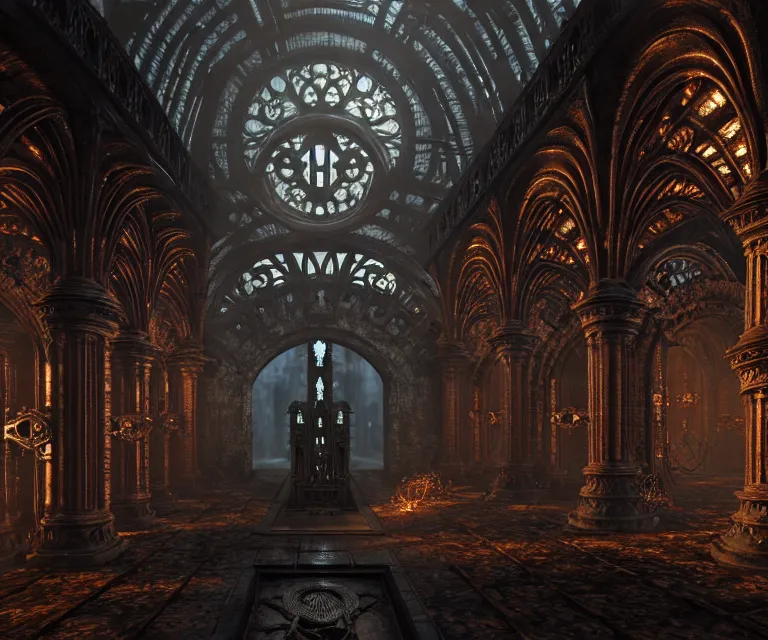 Image similar to steam necropolis, memento mori, gothic, neo - gothic, art nouveau, hyperdetailed copper patina medieval icon, stefan morrell, philippe druillet, ralph mcquarrie, concept art, steampunk, unreal engine, detailed intricate environment, octane render, moody atmospherics, volumetric lighting, ultrasharp, ominous, otherworldly