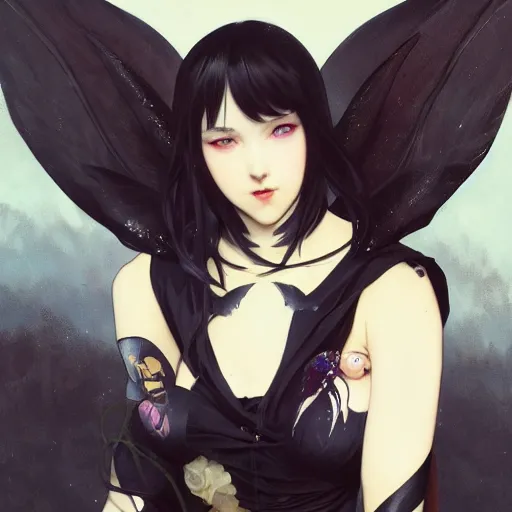 Prompt: a beautiful anime girl wtih balck horns and single neck ring and bat wings,full body painting,by Greg Rutkowski and Ilya Kuvshinov and Alphonse Maria Mucha,super clear detailed,hyper realistic,trending on artstation,8k