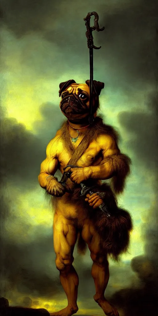 Prompt: muscular humanoid hybrid pug dog with weapon and anthropomorphic human oversized mutant proportions and very hairy body , backlight body , extreme very textured detailed intricate painting by rembrandt, sunset, dramatic clouds cyan atmosphere