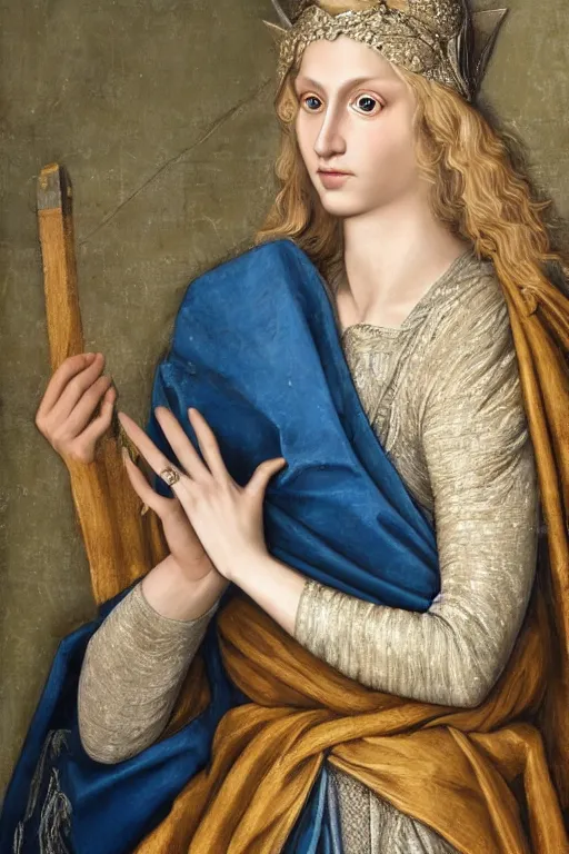 Image similar to hyper - realistic close - up mythological portrait of a medieval blonde with a huge amount of color in the сaravaggisti style, pale skin, in a silver silk robe, blue palette