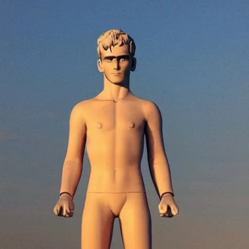 Image similar to “ a realistic detailed photo of a guy who is an attractive humanoid who is half robot and half humanoid, who is a male android, soccer player antoine griezmann, shiny skin, posing like a statue, blank stare, at the beach, on display ”