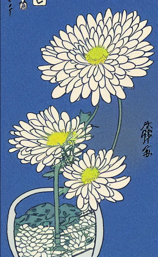 Image similar to by akio watanabe, manga art, a chrysanthemum flower inside a blue sake cup, trading card front