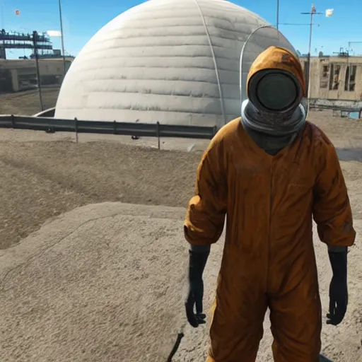 Prompt: rust facepunch game guy in hazmat suit, standing on top of dome and aiming assault rifle