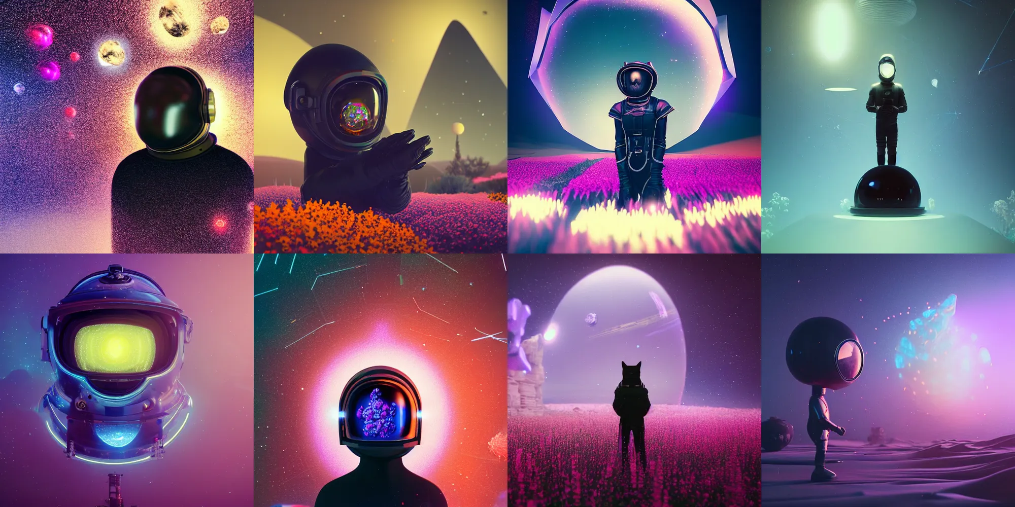 Prompt: beautiful dark landscape, black cat wearing space helmet, beautiful flowers and crystals, in the style of beeple and mike winkelmann, intricate, epic lighting, cinematic composition, hyper realistic, 8 k resolution, unreal engine 5, raytracing, ultraviolet colors,