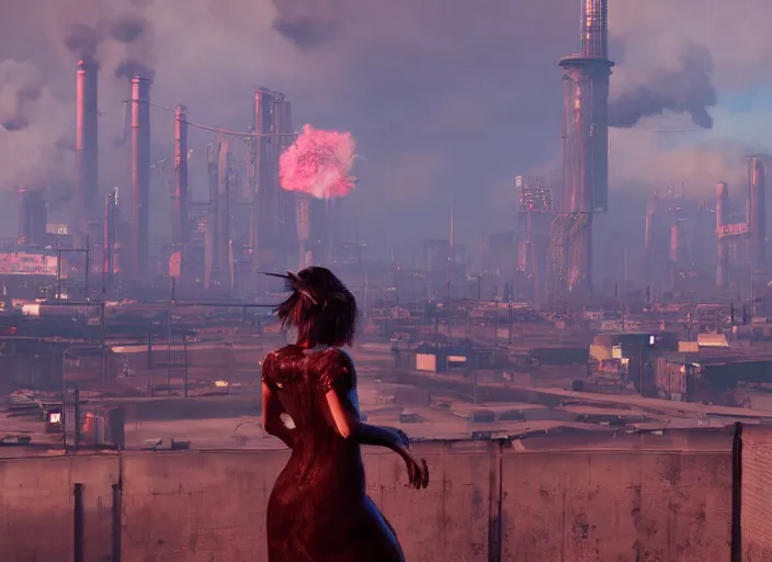 Prompt: mysterious sad rotten girl wrapped in smoke and a red dress is observing a big industrial city metropoli in the distance, cloudy sky, cyberpunk 2 0 7 7