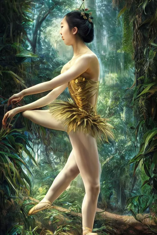 Image similar to stunningly beautiful, asian prima ballerina in jungle, symmetrical face, golden hour, smooth, focus, highly detailed, hyper realistic, dramatic lighting, elegant, intricate, concept art, art by wlop, mars ravelo, greg rutowski